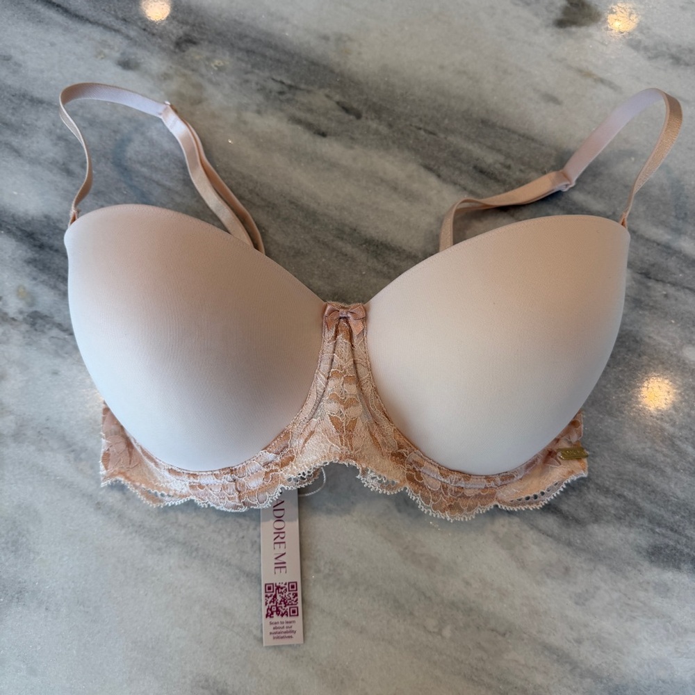 Adore Me Lyza Push Up Bra Balconette Lace Band Adjustable Removable Straps 32DDD